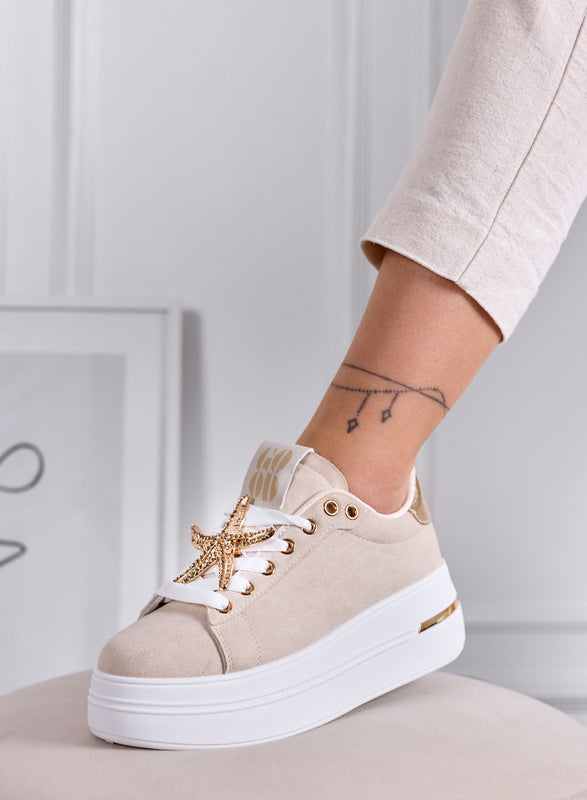 PAMELA - Beige Platform Sneakers with Jewel Star Details