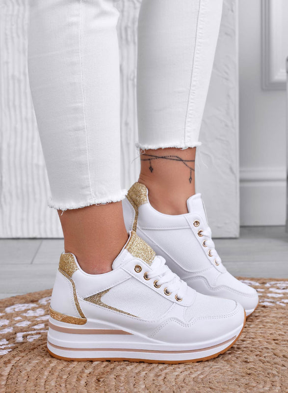 THEA - White sneakers with wedge and gold trim