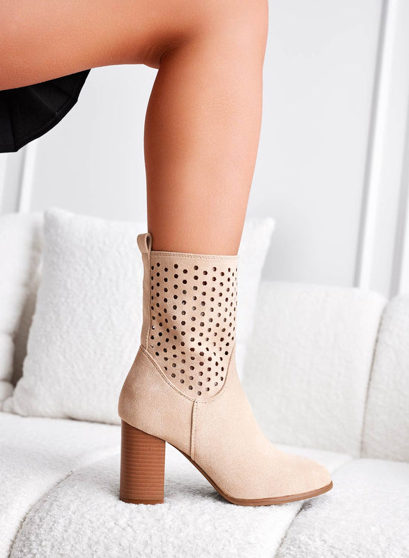 MAYBE - Beige perforated ankle boots with high heel in faux wood