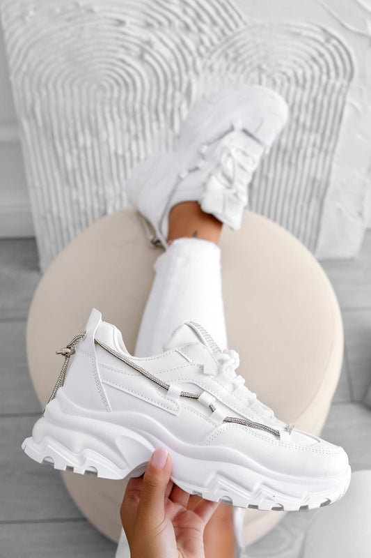 SAMMY - White sneakers with high sole and rhinestones