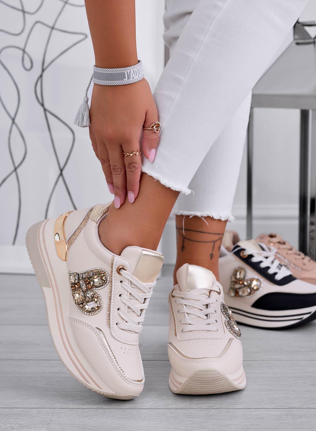 ABBY - Beige sneakers with heart jewel and wedge