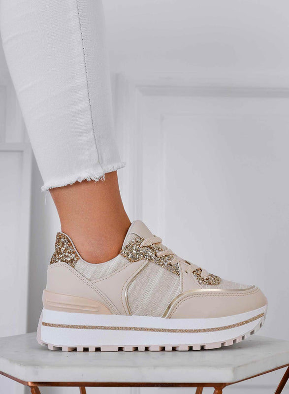 SILVANA - Beige sneakers with gold glitter inserts