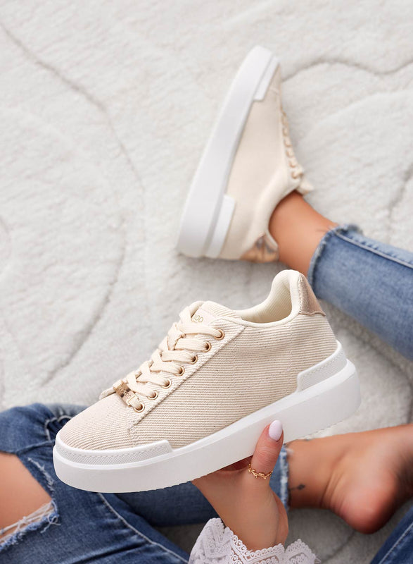NADIA - Beige fabric sneakers with gold trim