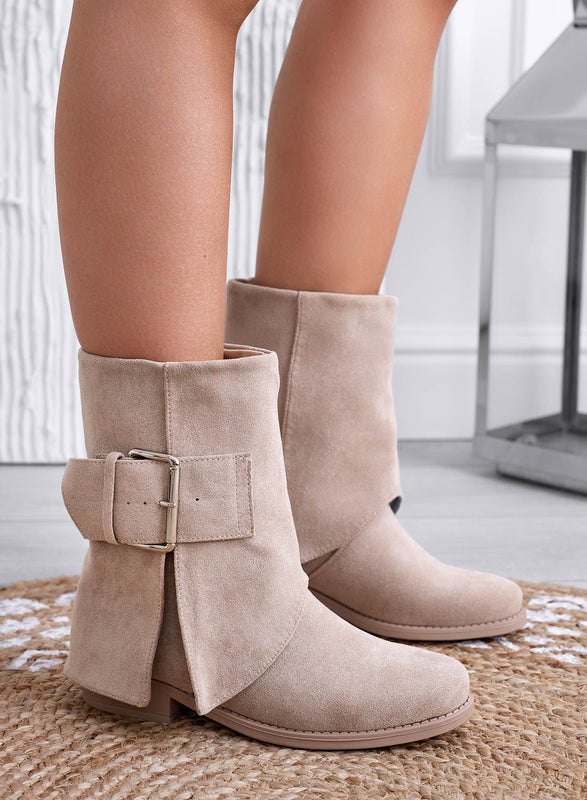 GRAZIELLA - Beige suede ankle boots with buckle