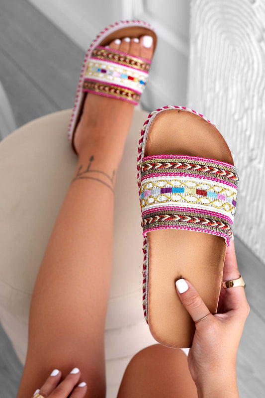 BELFAST - Fuchsia slipper sandals with multicolor pattern