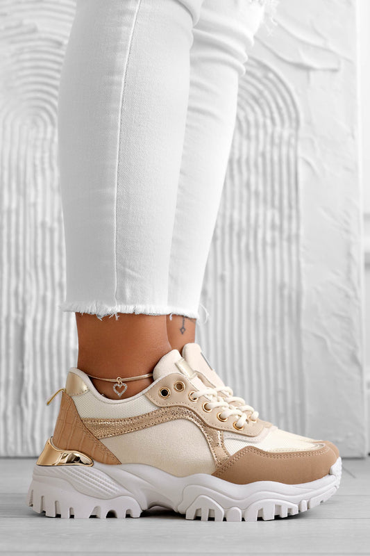 BEATRICE - Beige sneakers with gold contrasting panels