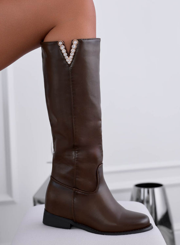 ANGIE - Brown boots with internal wedge and jewel application