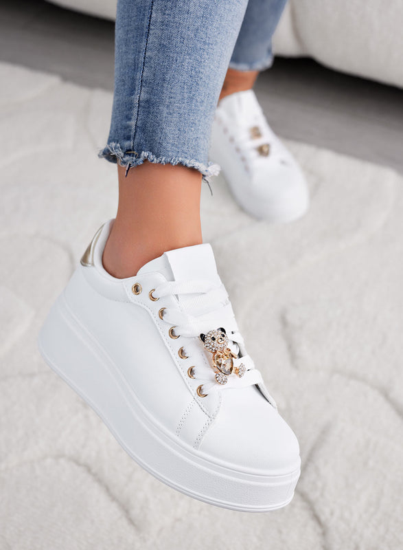 RORY - White sneakers with jewel applications and gold teddy