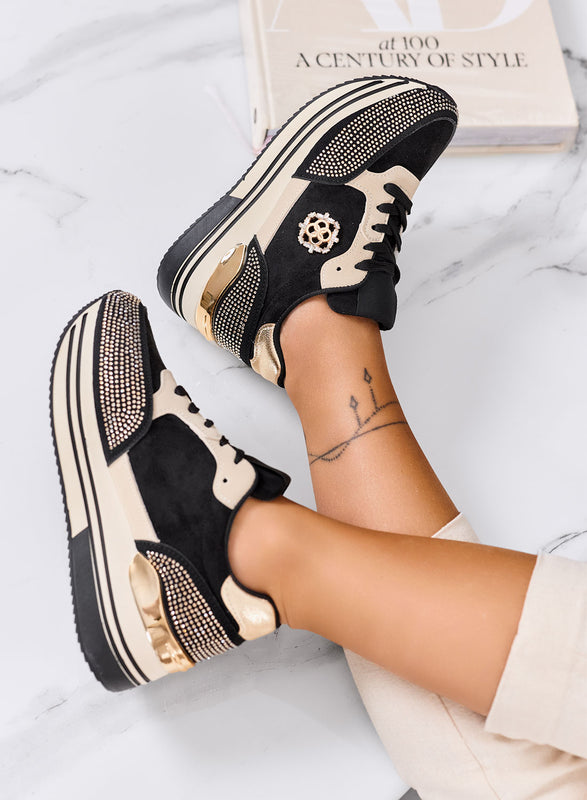 XIOMARA - Sneakers nere platform con inserti oro e strass