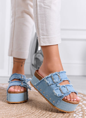 MARGOT - Blue Denim Platform Sandals with Buckles