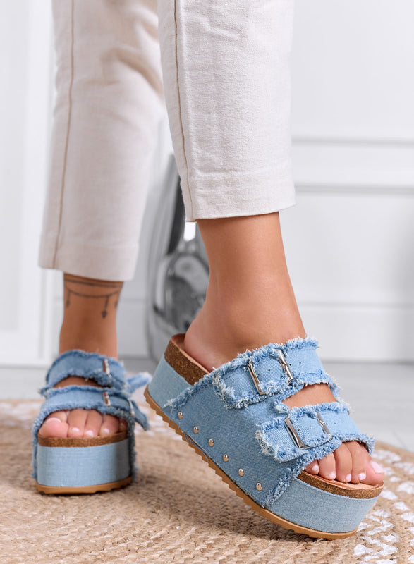 MARGOT - Blue Denim Platform Sandals with Buckles