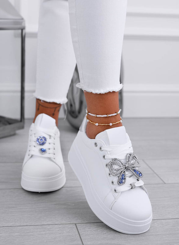 PAOLA - White sneakers with silver jewel bow