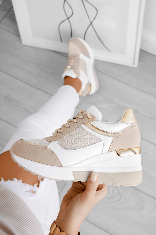 CAIRO - Beige sneakers with gold glitter fabric inserts