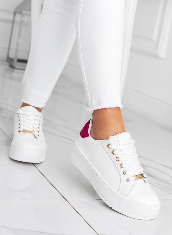 CARRY - Alexoo White Sneakers with gold trim and fuchsia back