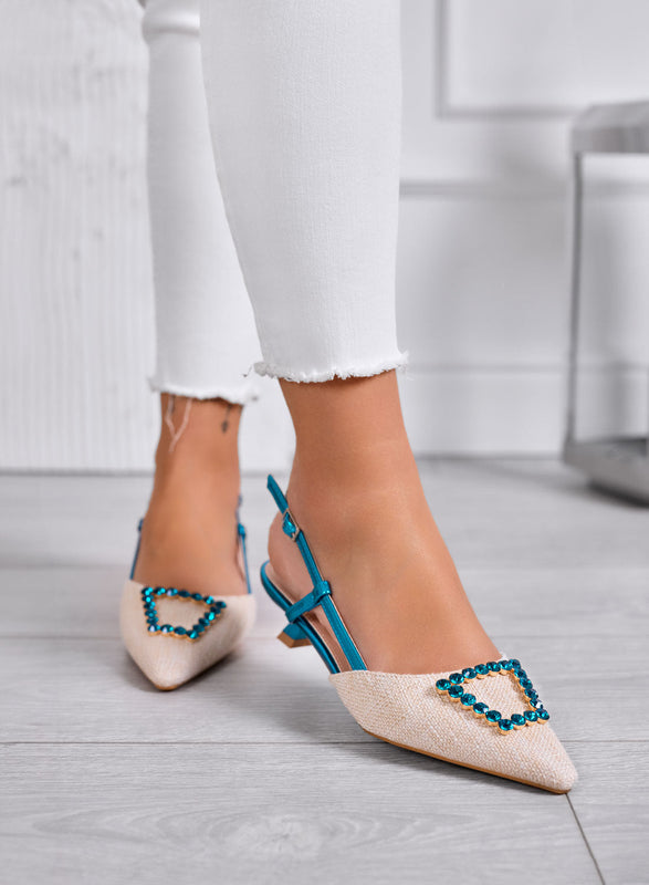 DARLEEN – Beige Slingback Elegant Pointed Pumps with Blue Jewel Buckle