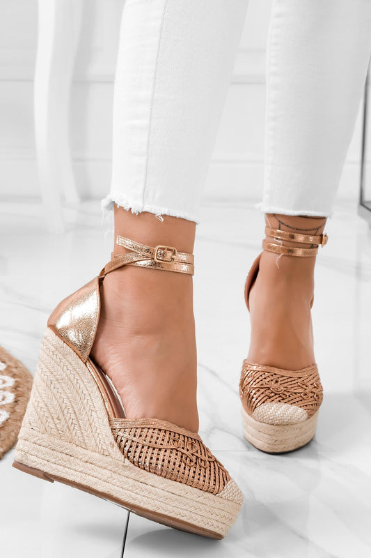 LORNA - Rose gold embroidered espadrilles with wedge