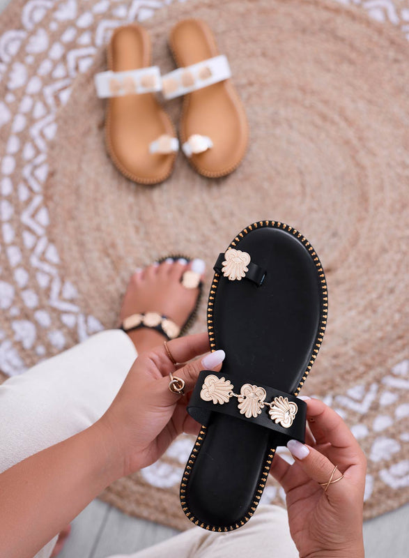 SENDY - Black low flip-flop sandals with gold applications