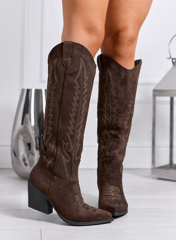 FIORELLA - Brown Texan boots with western stitching and wide heel