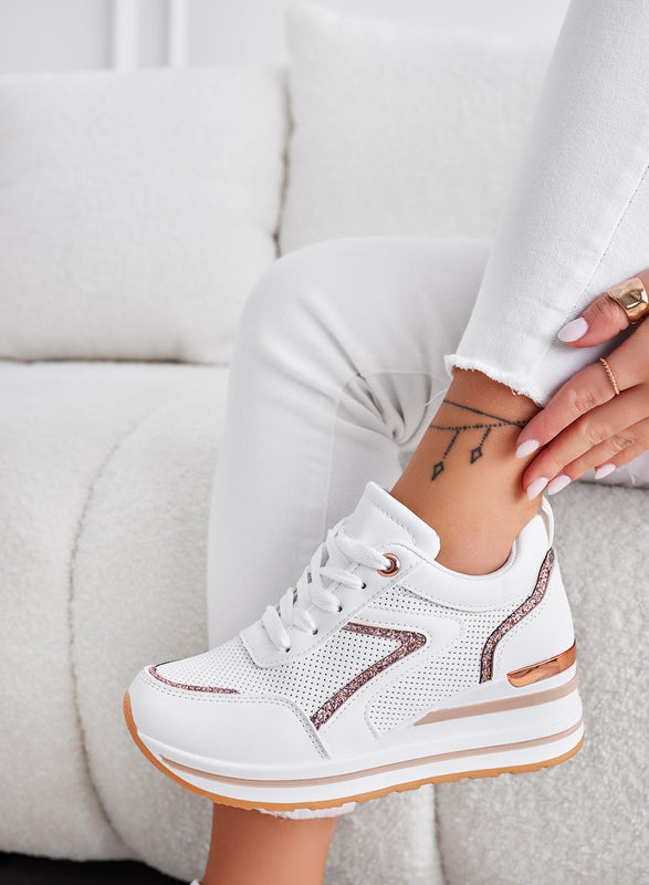 BRISA - White sneakers with rose gold glitter inserts and wedge