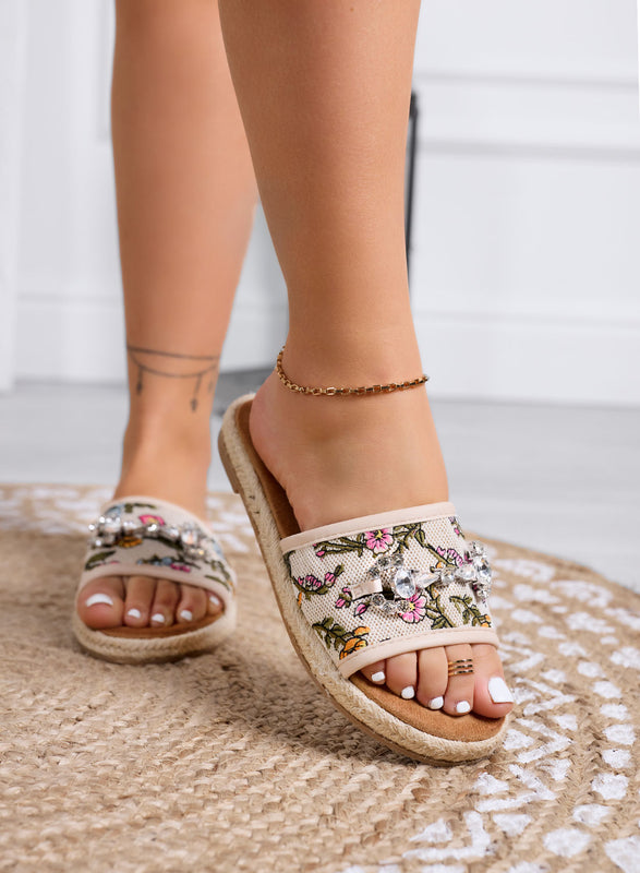 KATIA - Beige sandals Slippers with floral print and jeweled stones