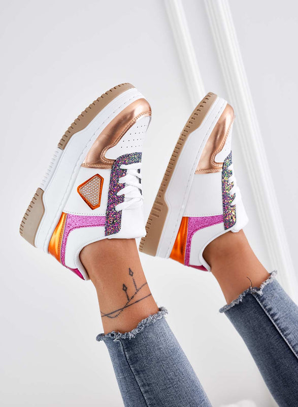 CLOE - White sneakers with contrasting panels and glitter