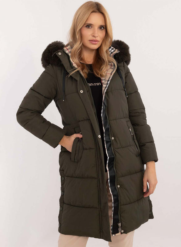 Long green padded jacket with faux fur hood