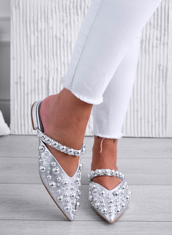 WILDA - Silver pointed mule ballet flats with ball studs