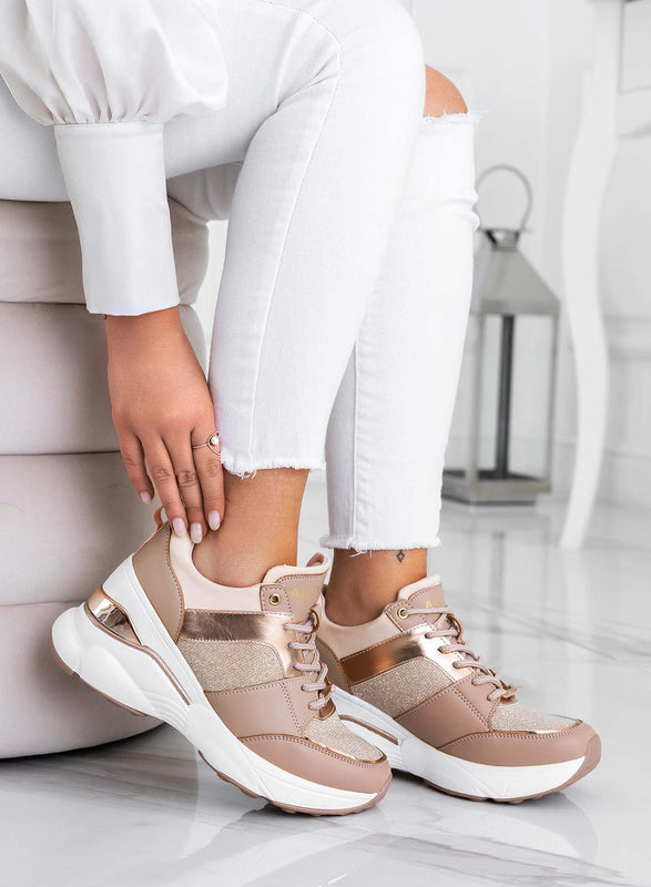 FREYA - Alexoo rose gold sneakers with glitter inserts