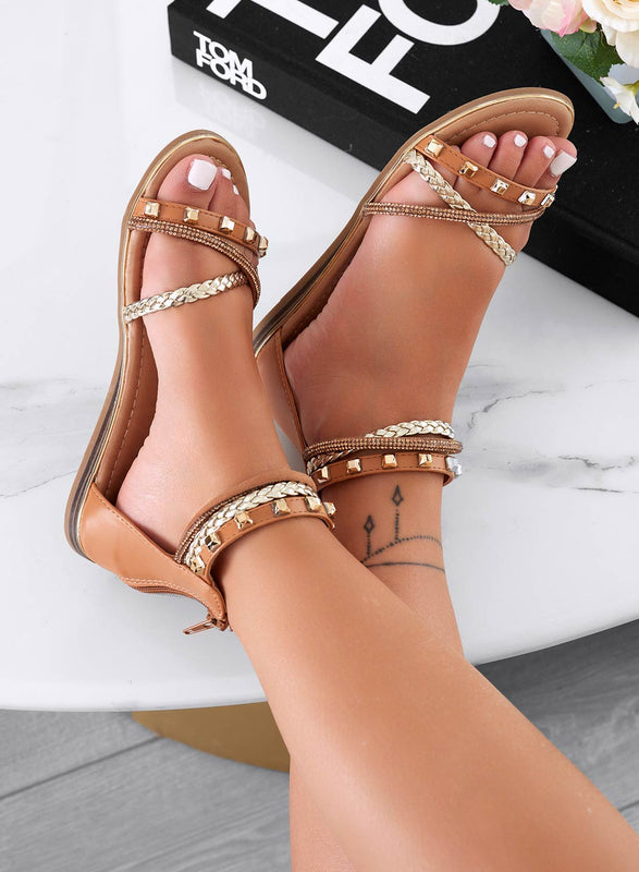 DORA - Camel flat sandals with rhinestones and gold studs