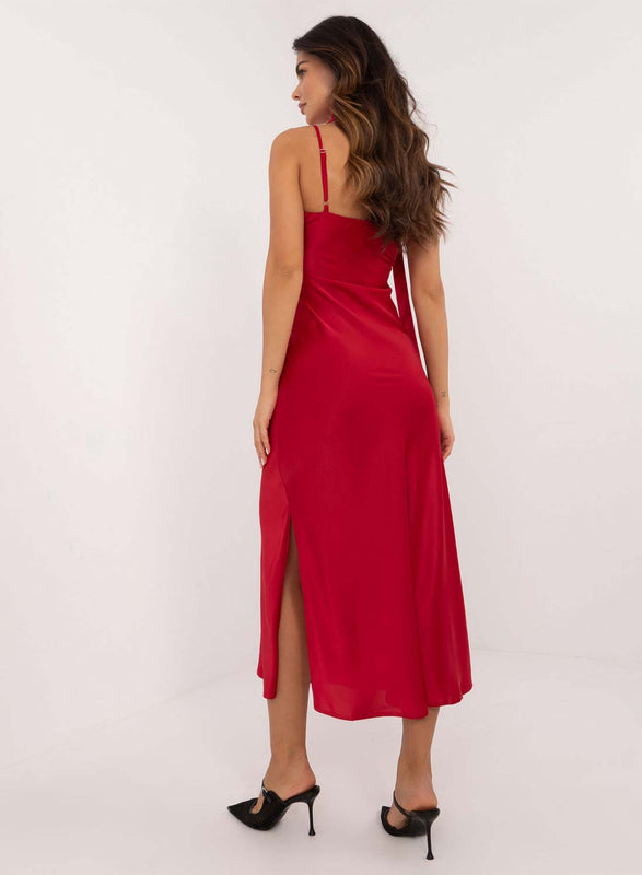 Red satin long dress with a slit and belt