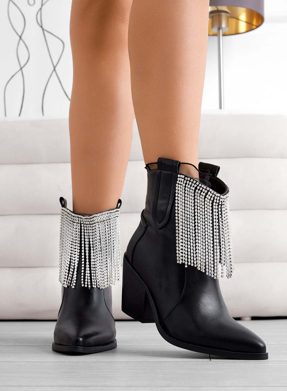 RIKI - Alexoo black camperos ankle boots with jewel fringes