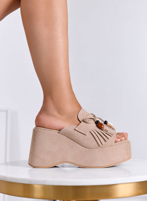 ROVE - Taupe wedge mules with fringe
