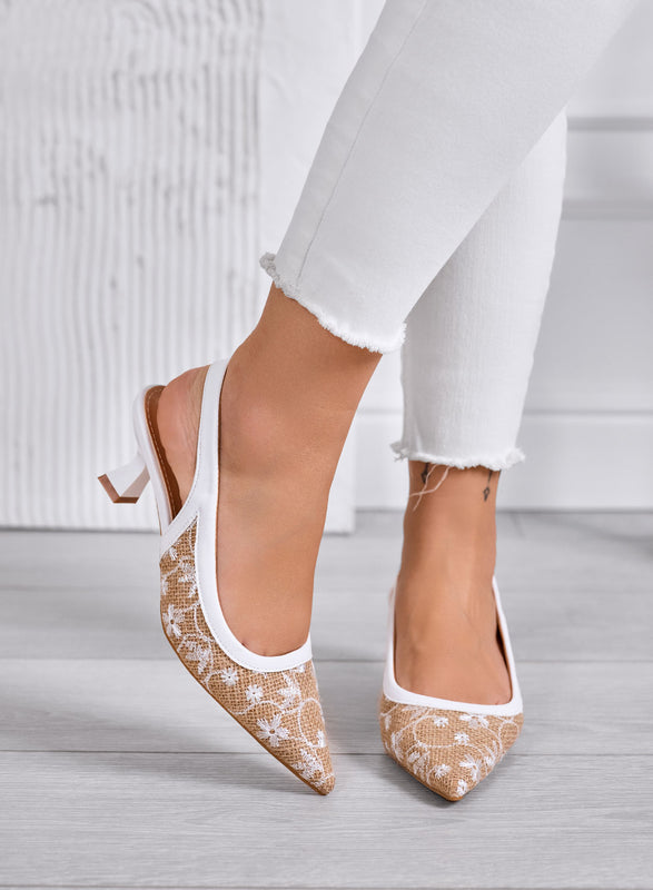 REMY - Escarpins slingback beiges à bout pointu avec broderie blanche et talon bas 7 cm