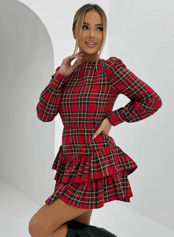 Abito tartan con gonna a balze