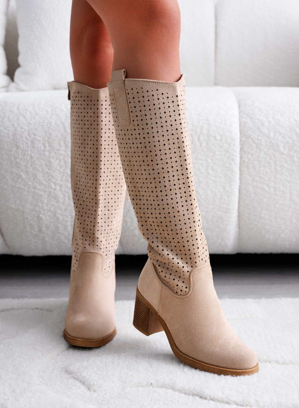MONIA - Bottes beiges ajourées avec talon confortable