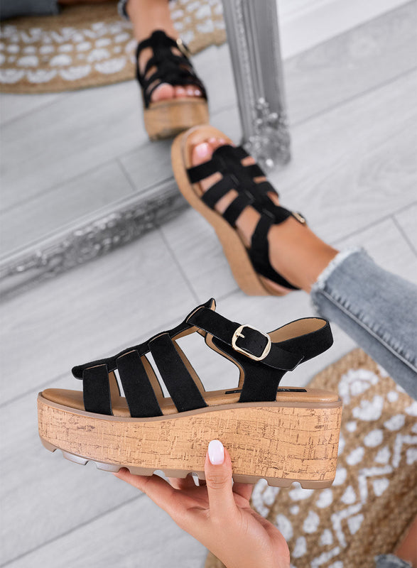 MATILDE – Black wedge platform sandals with cork-effect sole