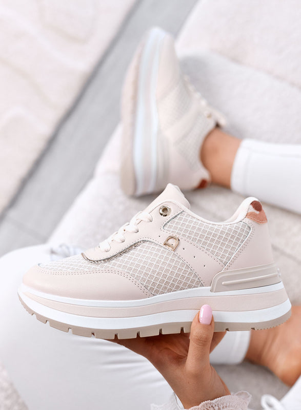 AGATA - Baskets plateforme beige avec détails en tissu laminé