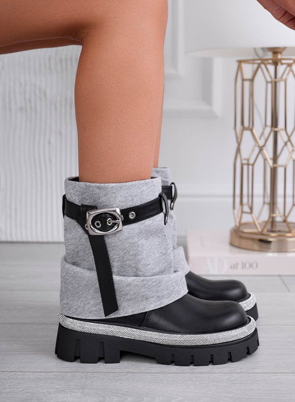 SALLY - Bottines noires avec revers gris et bordure en strass