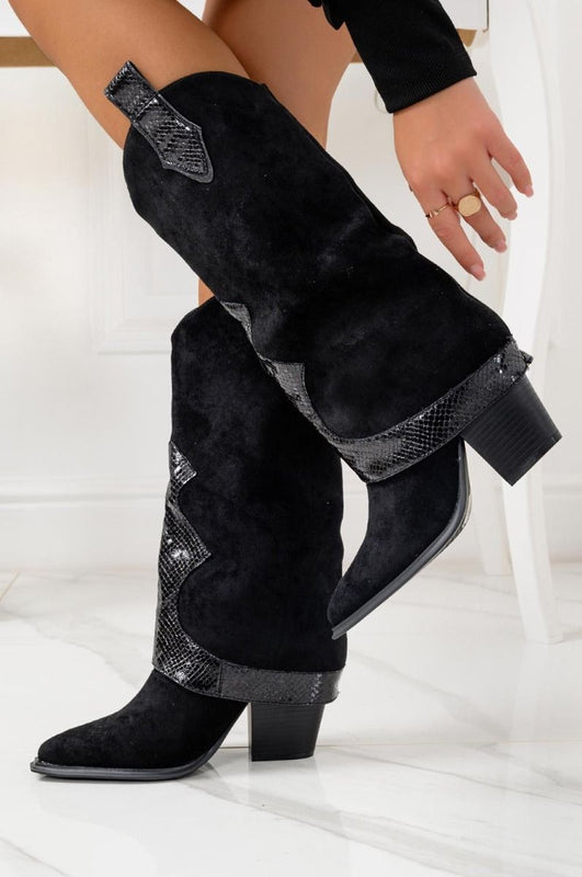 JORDY - Black cowboy boots with python print