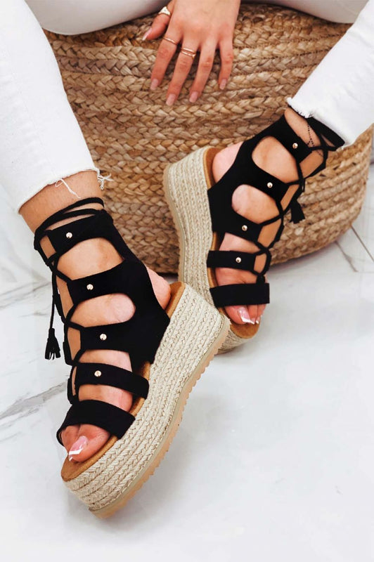 SETH - Black lace up sandals with string wedge