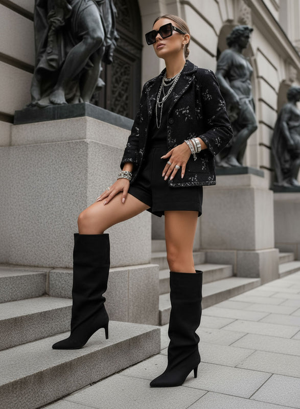 MICHELLE - Black oversized slouchy suede boots with low heel