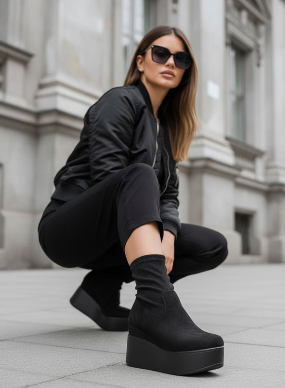 MIAA - Bottines Alexoo noires en daim avec semelle compensée