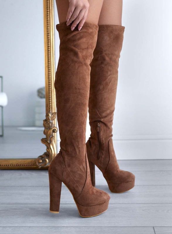 CLORIS - Alexoo Brown Thigh High High Heel Boots