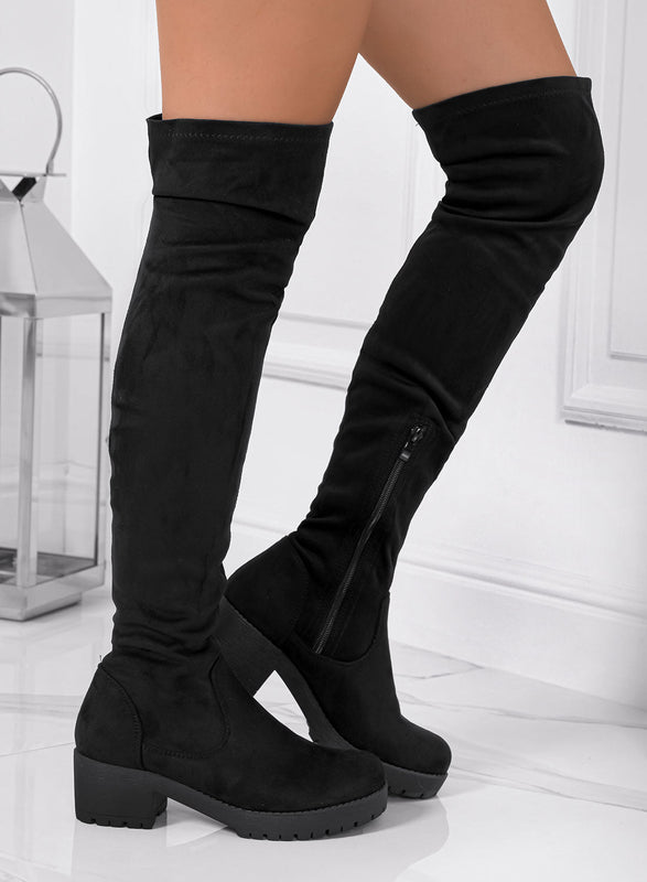 GLORIA - Black suede thigh high boots