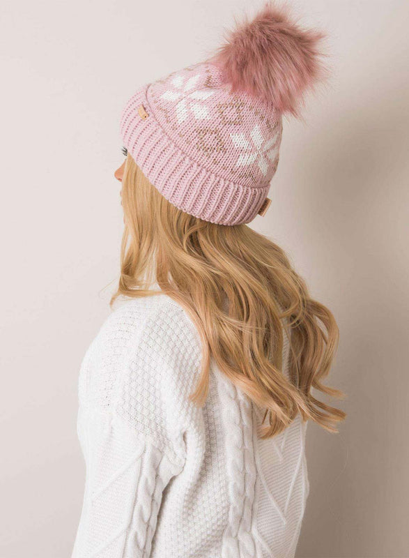 Two-tone pink padded hat with faux fur pompom