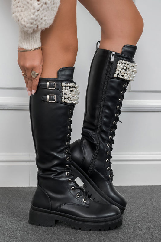 ASMIRA - Black boots with pearls and rhinestones