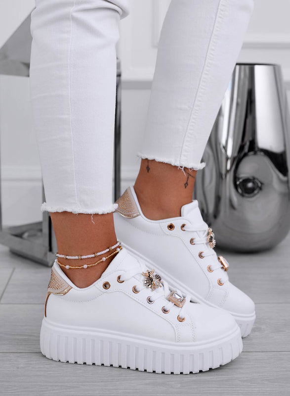 LIDIA - White sneakers with gold bee jewel application