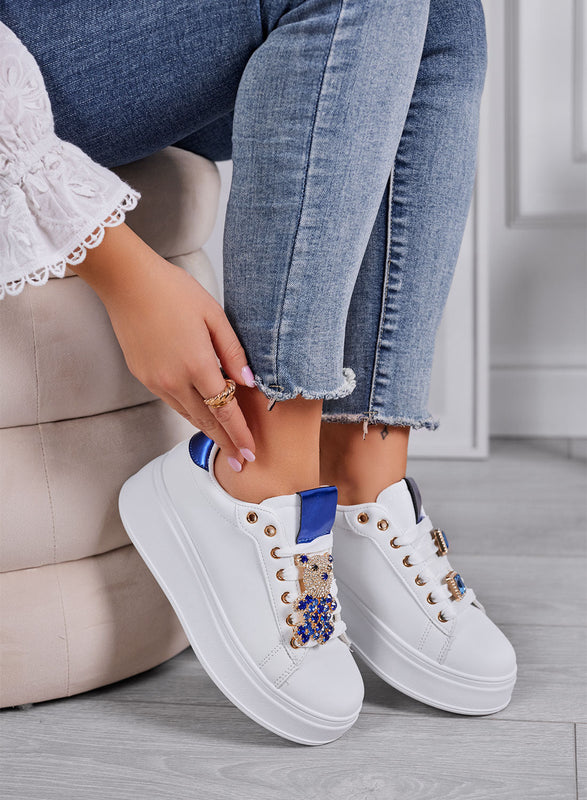 TANIA - White sneakers with blue teddy jewel embellishment