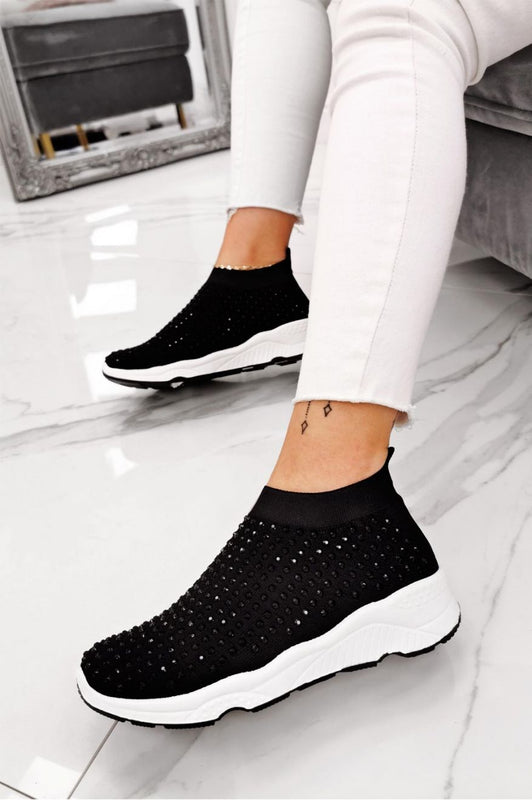 SERENA - Black sneakers in elastic fabric and rhinestones