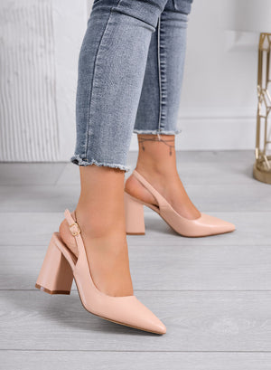 ANGELICA – Nude pointed slingback pumps with block heel